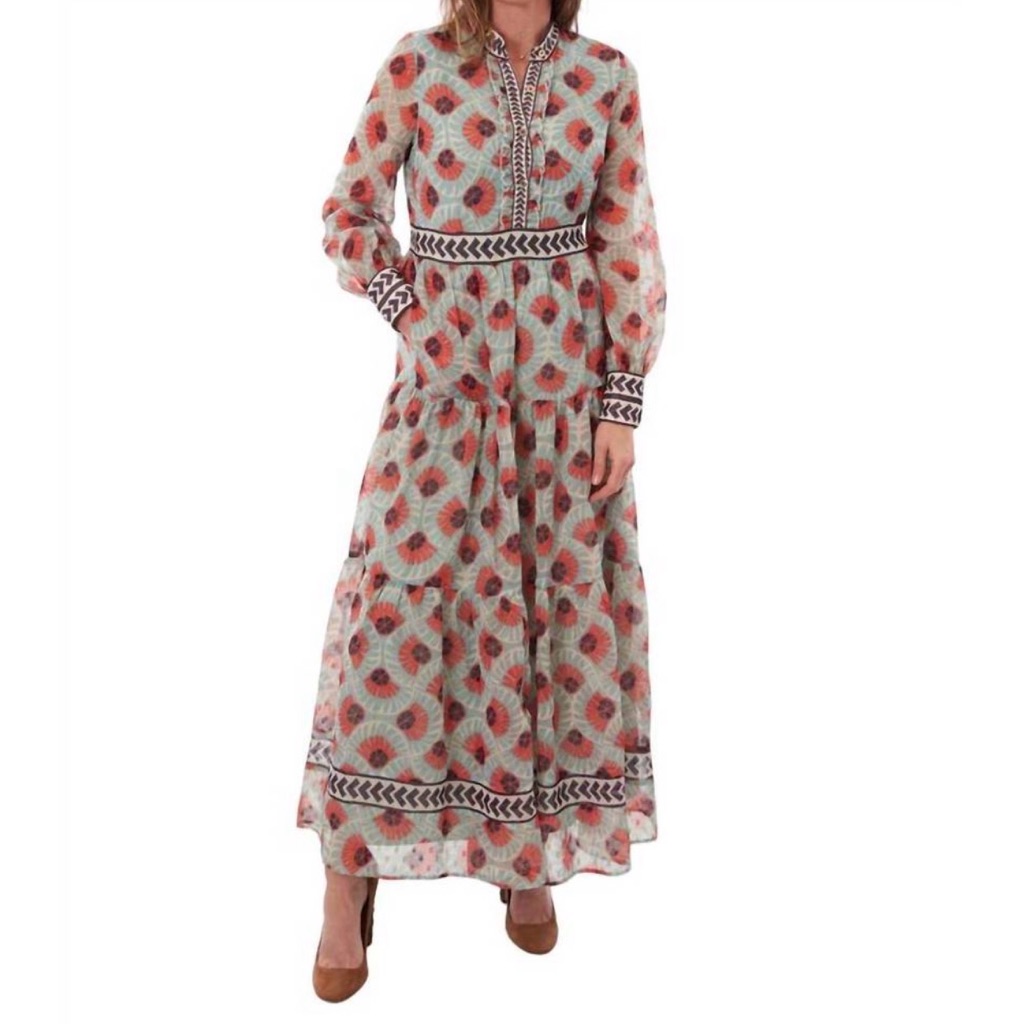 Ck Bradley Annabelle Long Sleeve Maxi Dress In Fan Seafoam Print Women's Medium